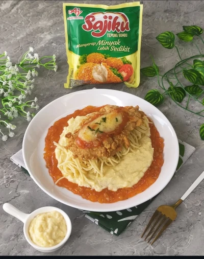 Crispy Chicken Parmigiana with Spaghetti and Cheese Sauce