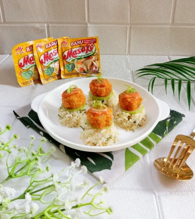 Nugget Sayur Masako Dengan Saus Mayo Gochujang dan Nasi Daun Jeruk